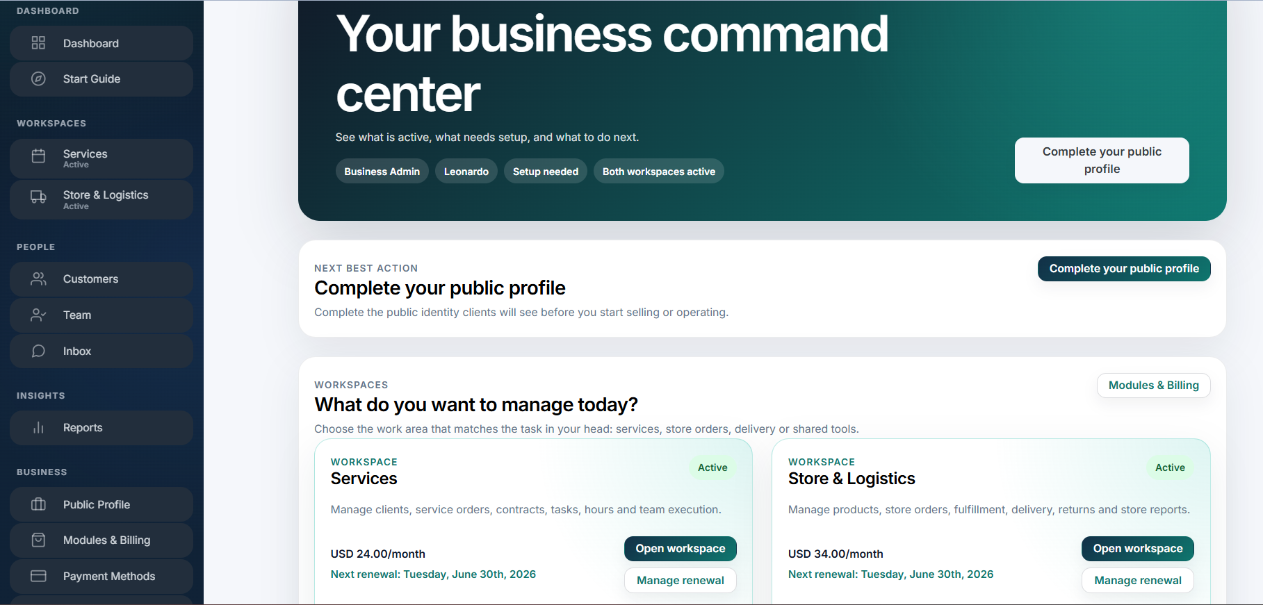 Ophyra business command center dashboard with active workspaces and business activity
